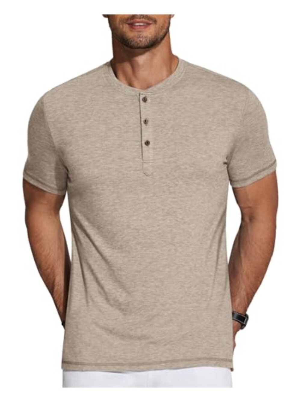 Men's Short Sleeve Henley Shirt Casual Stretch Tee 76% Polyester